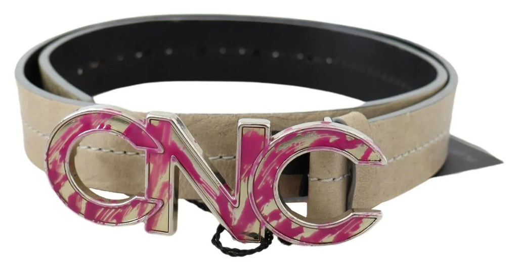 Costume National Beige Leather Pink Letter Logo Buckle Belt - Zeiniez