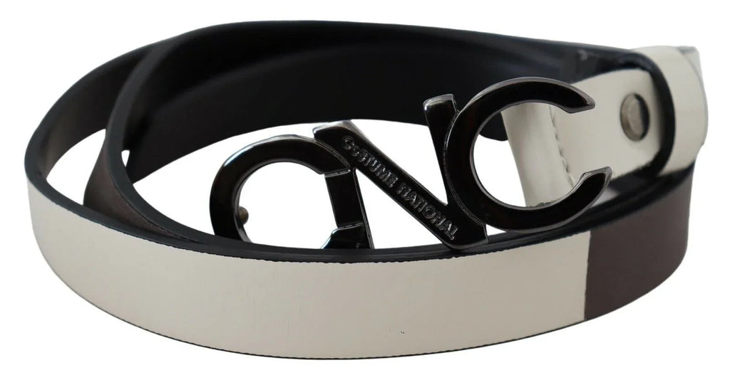 Costume National White Black Leather Letter Logo Buckle Belt - Zeiniez