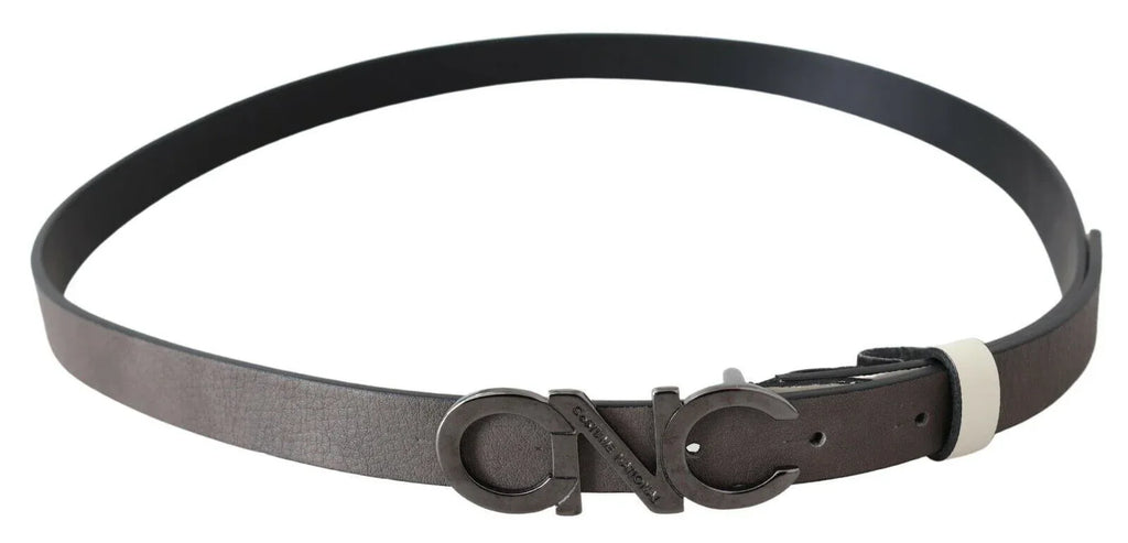 Costume National Belt Mettalic Gray Leather Logo Belt - Zeiniez