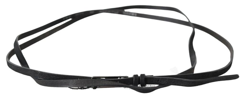 Costume National Black Leather Skinny Logo Buckle Belt - Zeiniez