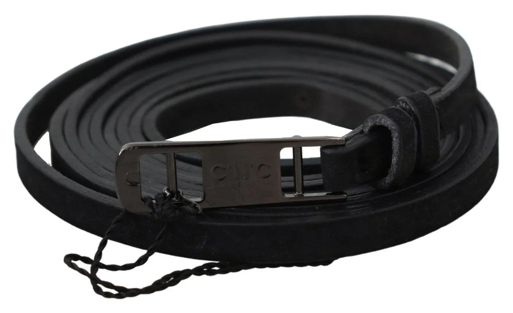 Costume National Black Leather Skinny Logo Buckle Belt - Zeiniez