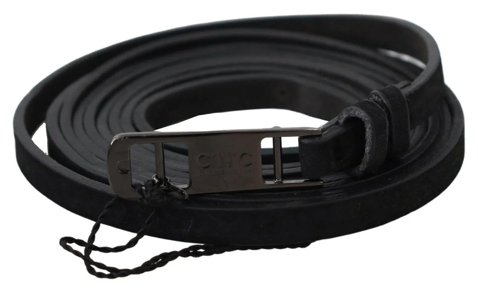 Costume National Black Leather Skinny Logo Buckle Belt - Zeiniez
