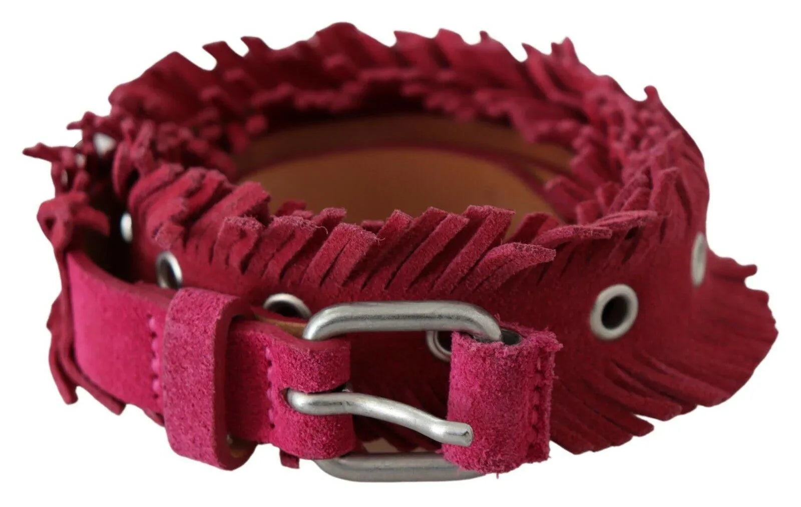 Ermanno Scervino Maroon Leather Fringes Silver Buckle Waist Belt - Zeiniez
