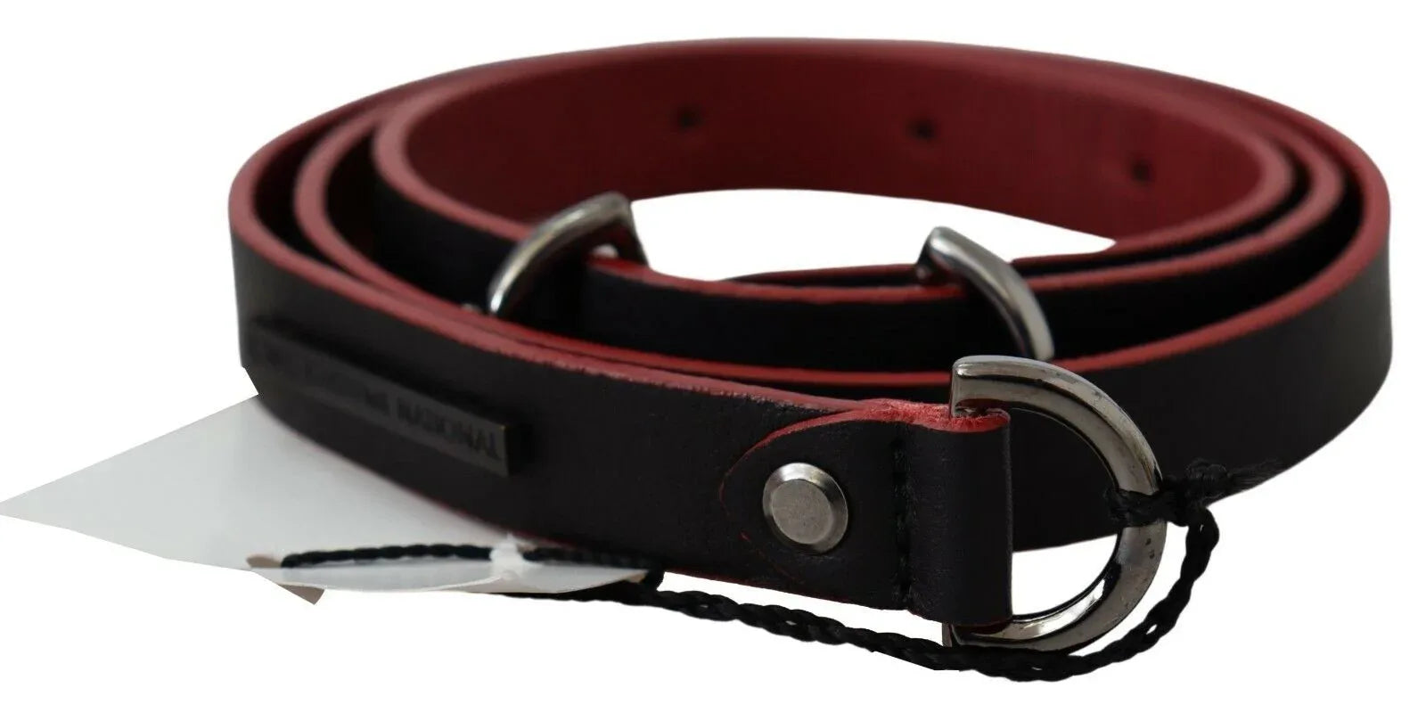 Costume National Black Red Skinny Leather Logo Belt - Zeiniez