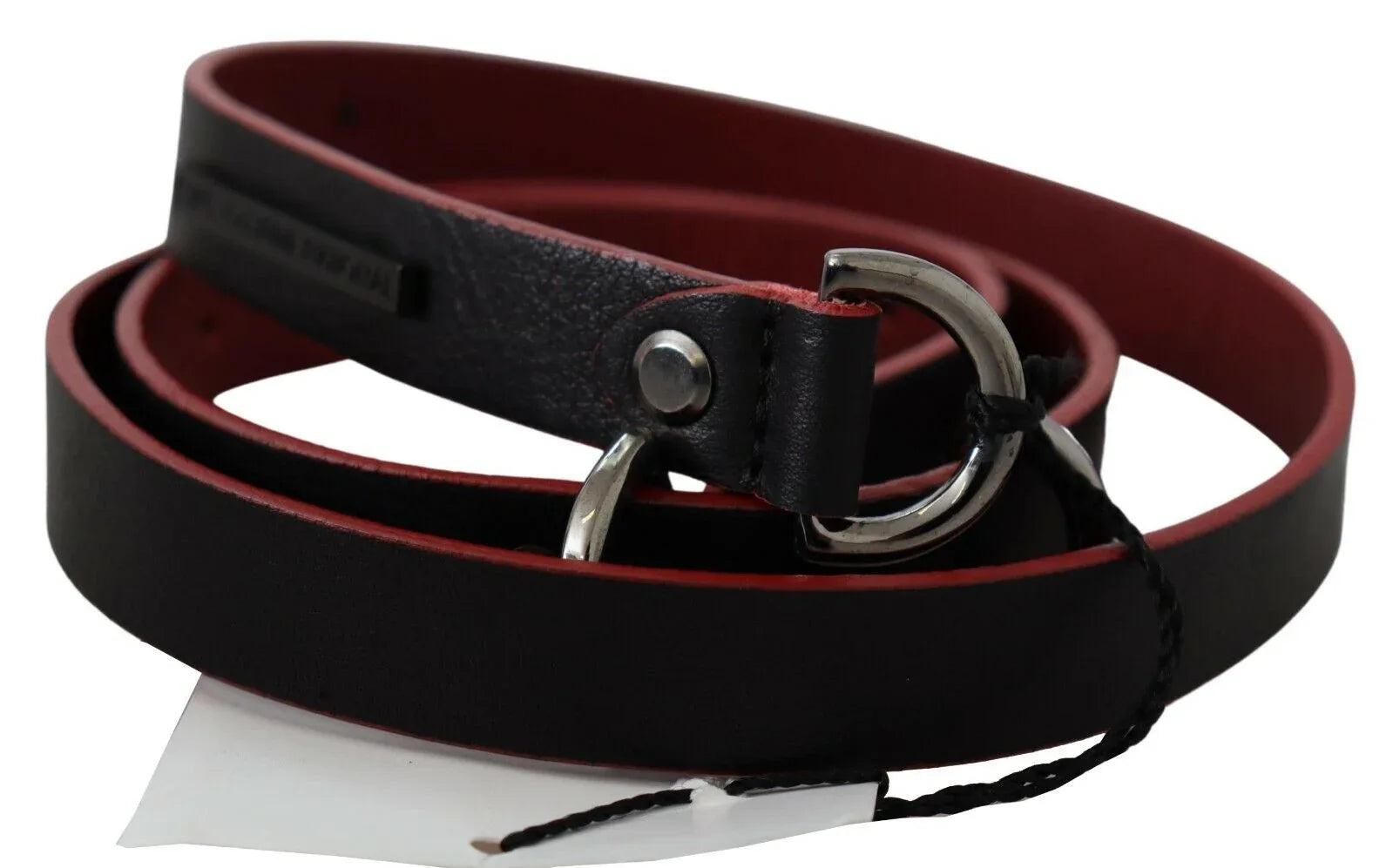 Costume National Black Red Skinny Leather Logo Belt - Zeiniez