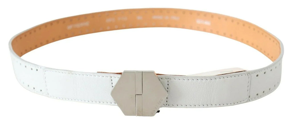 GF Ferre White Leather Hexagon Logo Buckle Waist Belt - Zeiniez