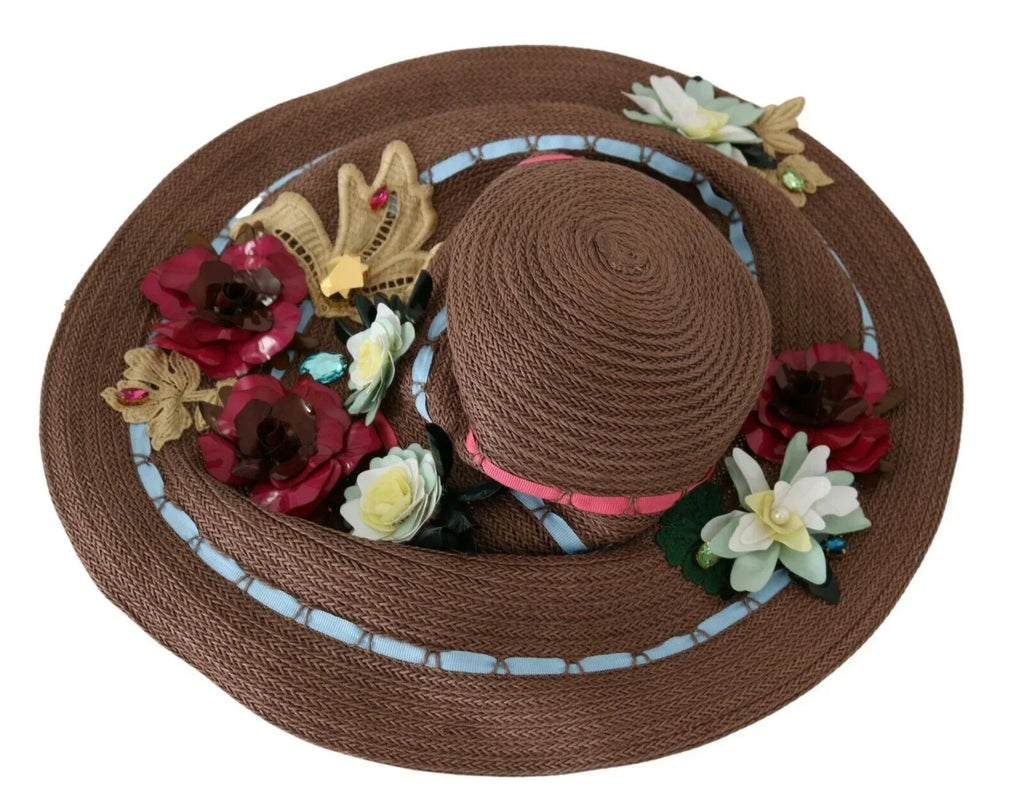 Dolce & Gabbana Brown Knitted Straw Floral Hat - Zeiniez