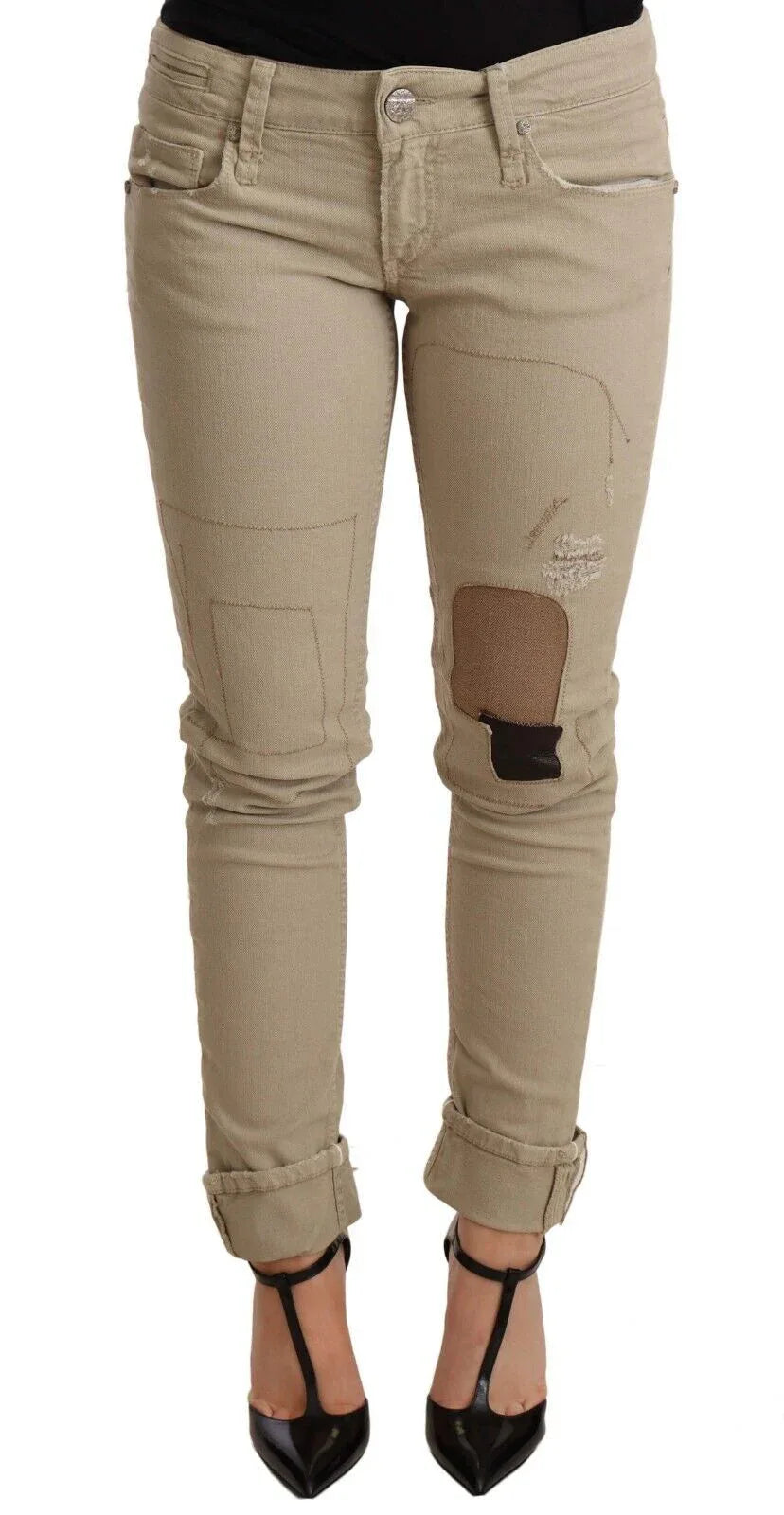 Acht Beige Denim Cotton Bottom Slim Fit Folded Pant - Zeiniez