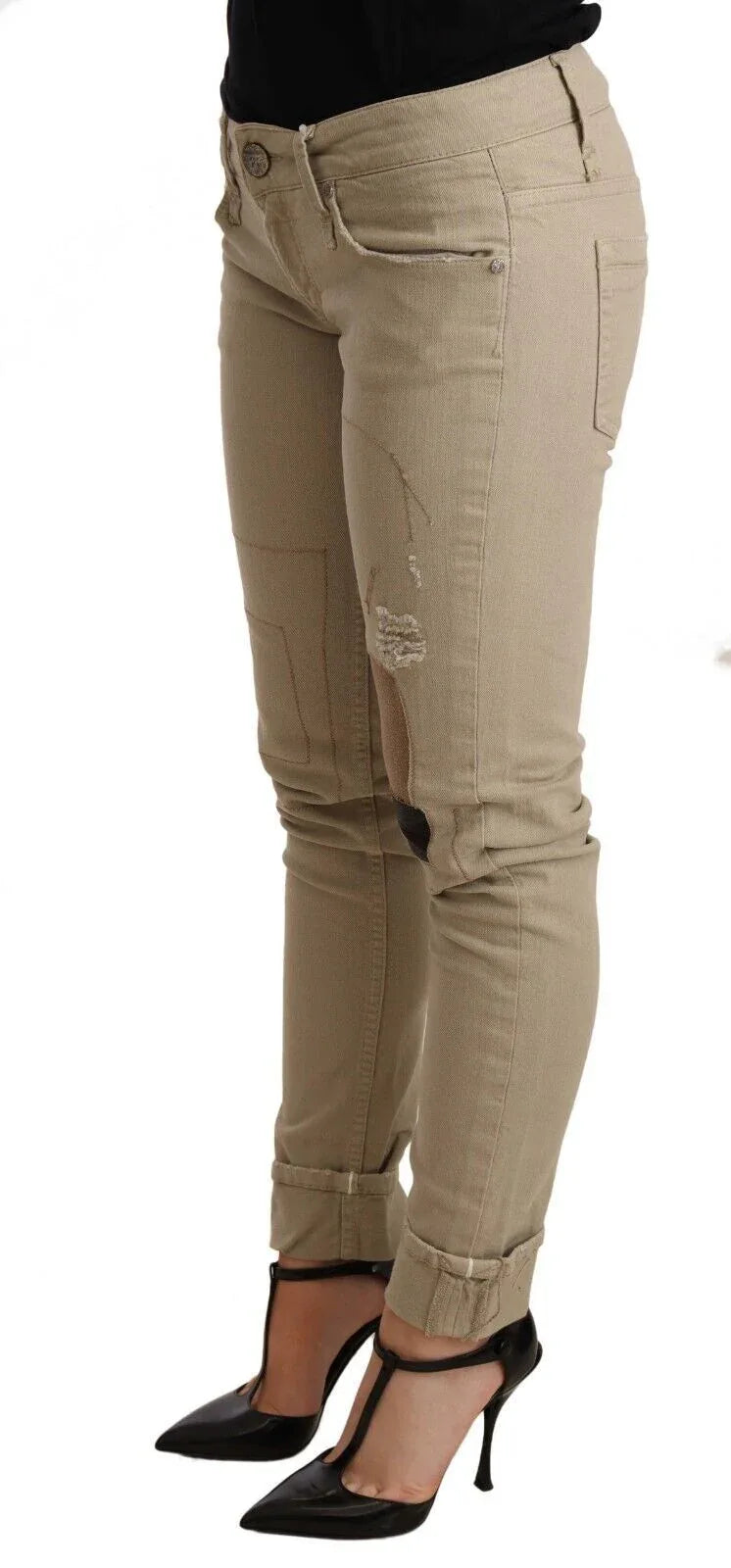 Acht Beige Denim Cotton Bottom Slim Fit Folded Pant - Zeiniez