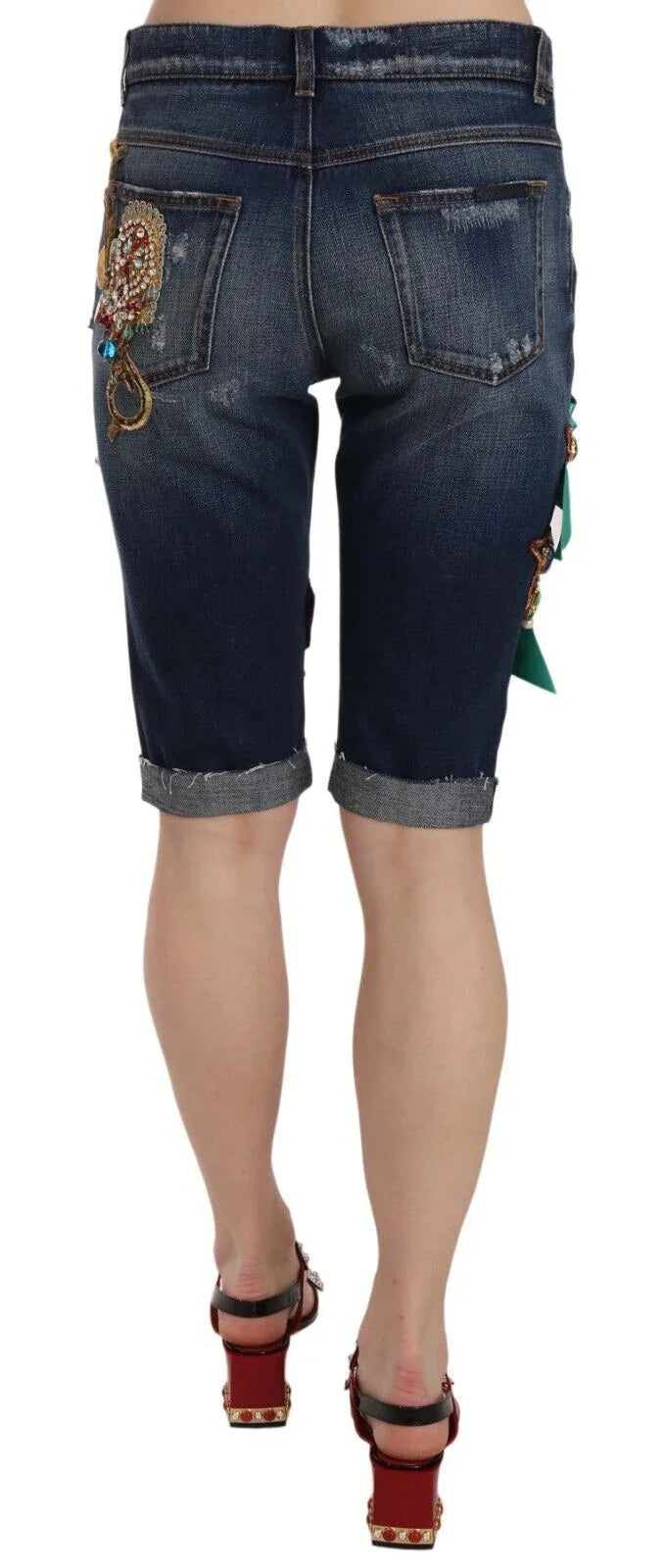 Dolce & Gabbana Blue Denim Mid Waist Crystal Capri Shorts - Zeiniez