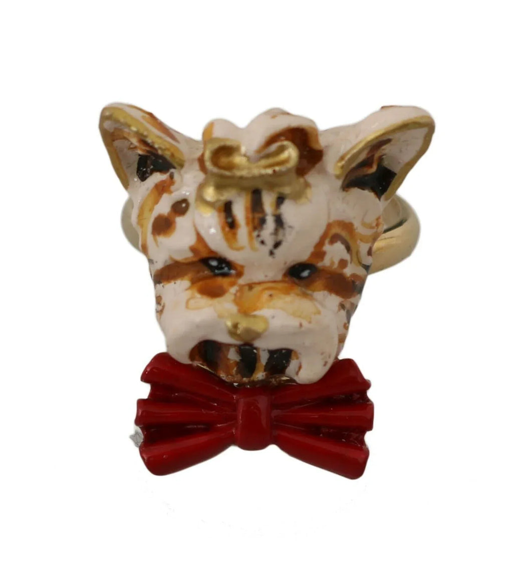 Dolce & Gabbana Beige Dog Pet Branded Accessory Gold Brass Resin Ring - Zeiniez