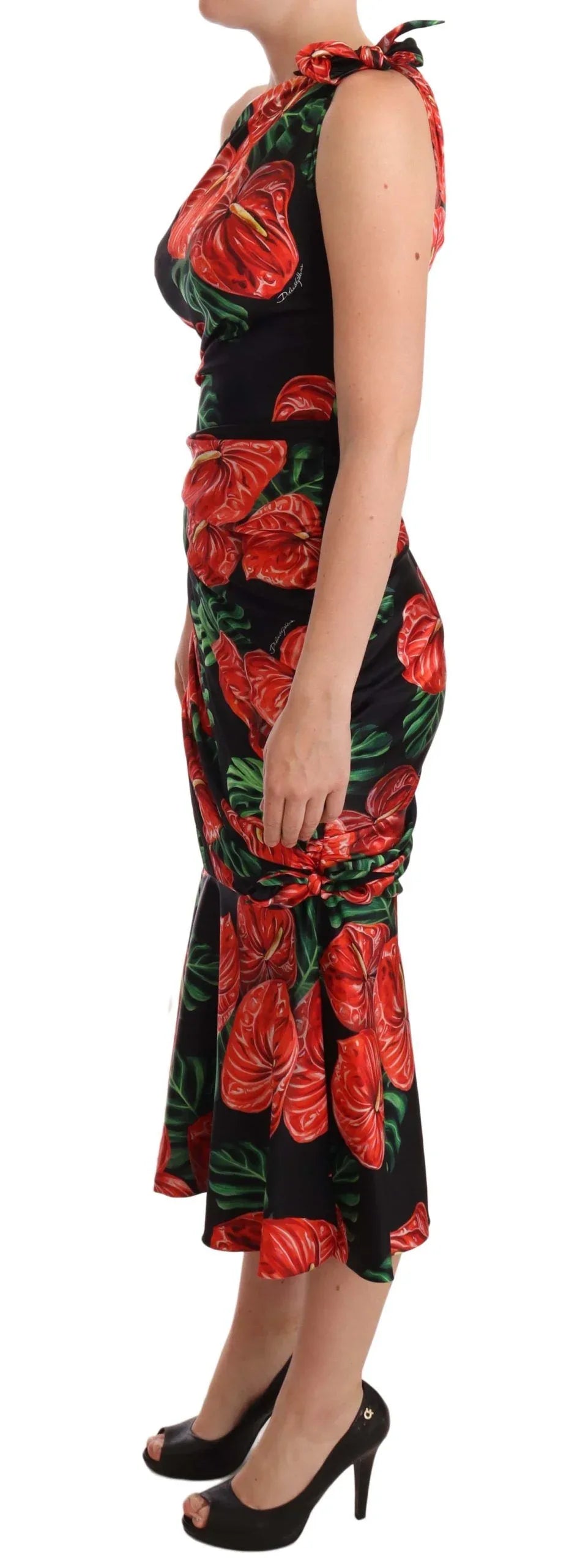 Dolce & Gabbana Black Shiny Silk Floral Print Draped Dress - Zeiniez