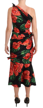 Dolce & Gabbana Black Shiny Silk Floral Print Draped Dress - Zeiniez