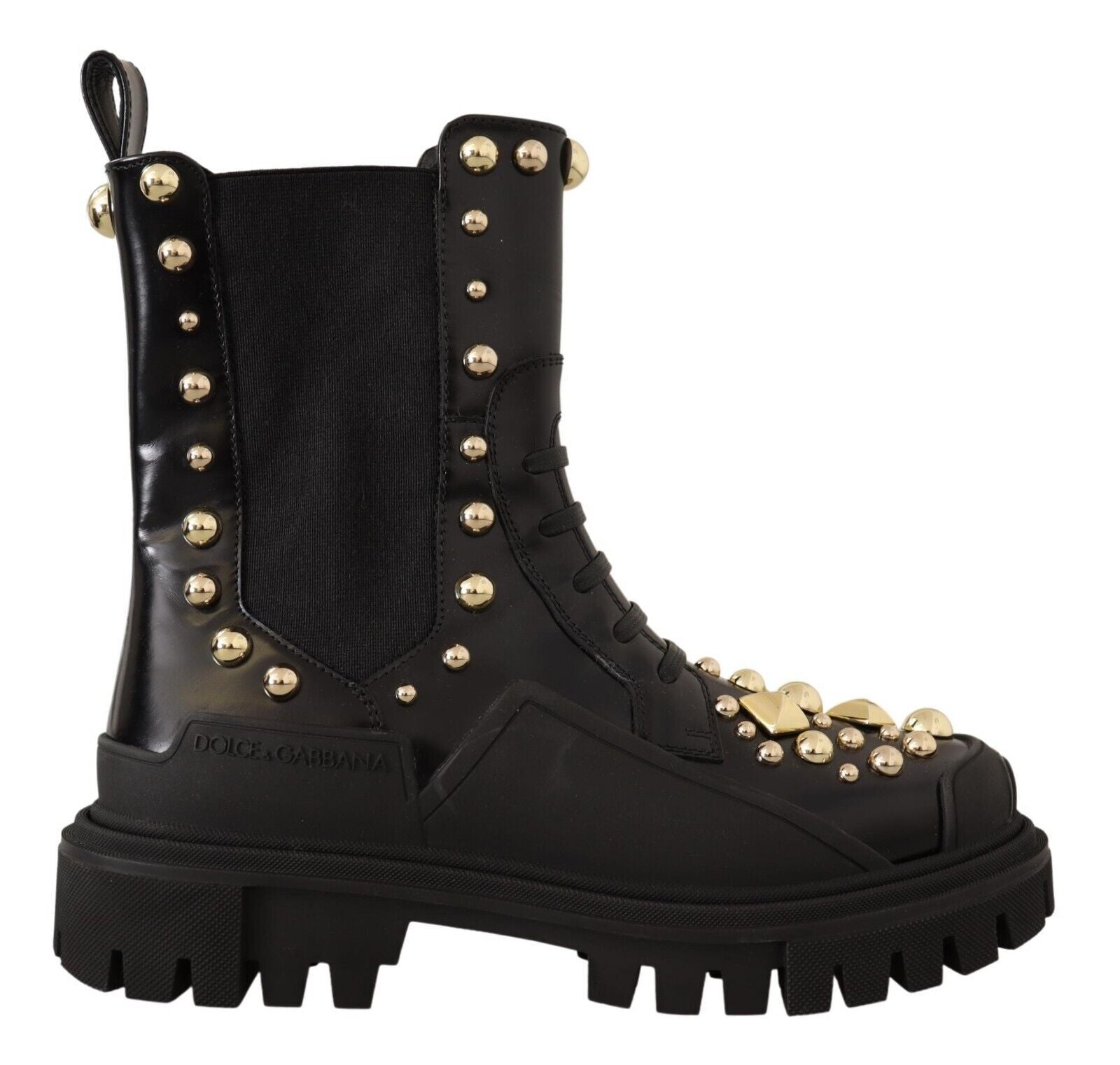 Dolce & Gabbana Black Leather Studded Combat Boots - Zeiniez