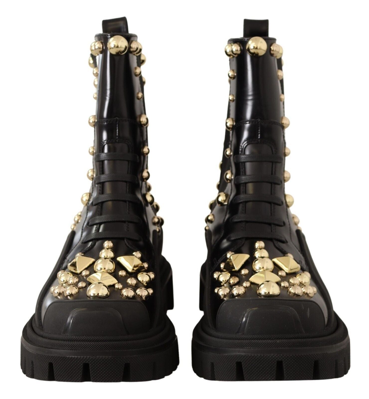 Dolce & Gabbana Black Leather Studded Combat Boots - Zeiniez