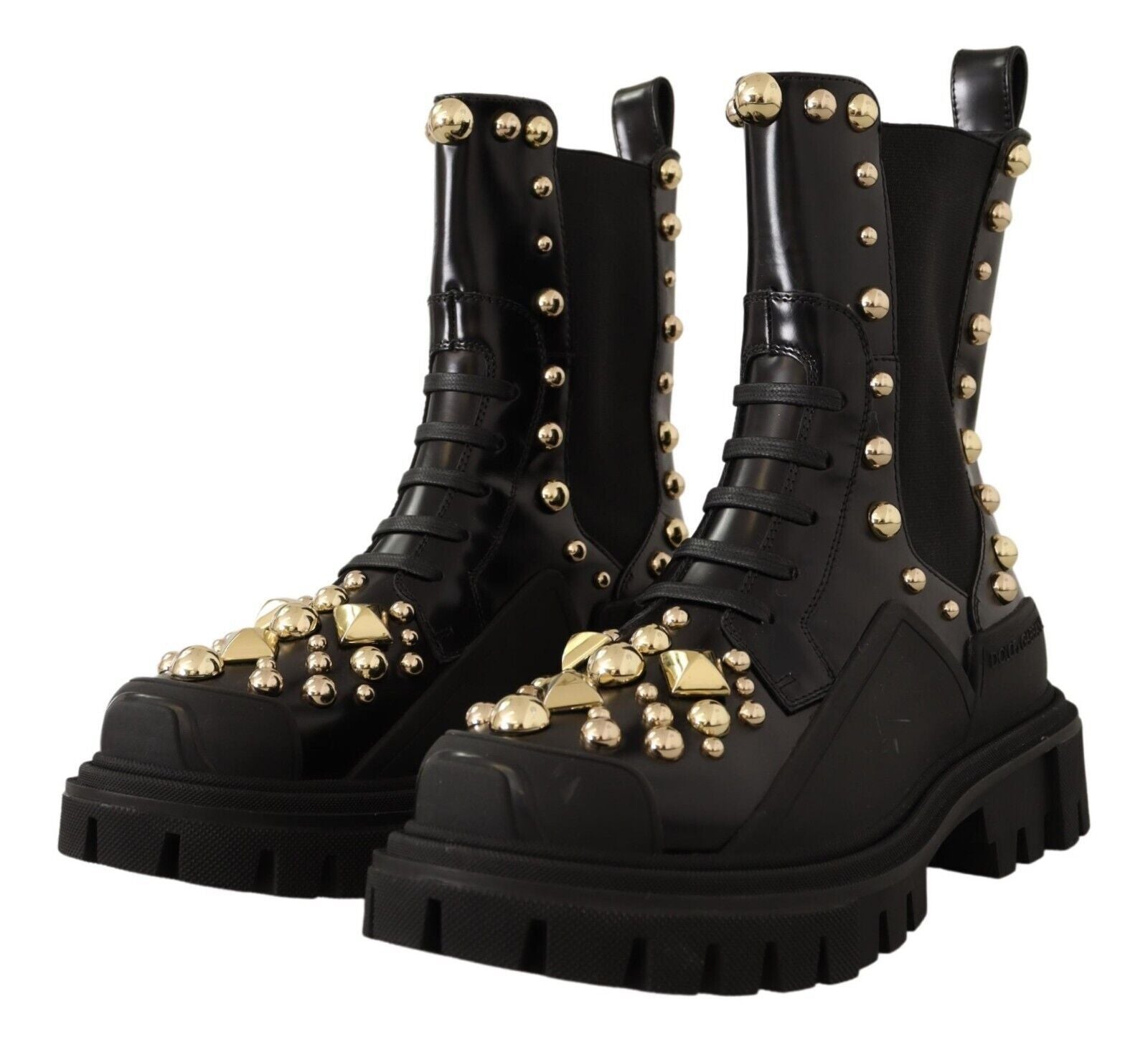 Dolce & Gabbana Black Leather Studded Combat Boots - Zeiniez