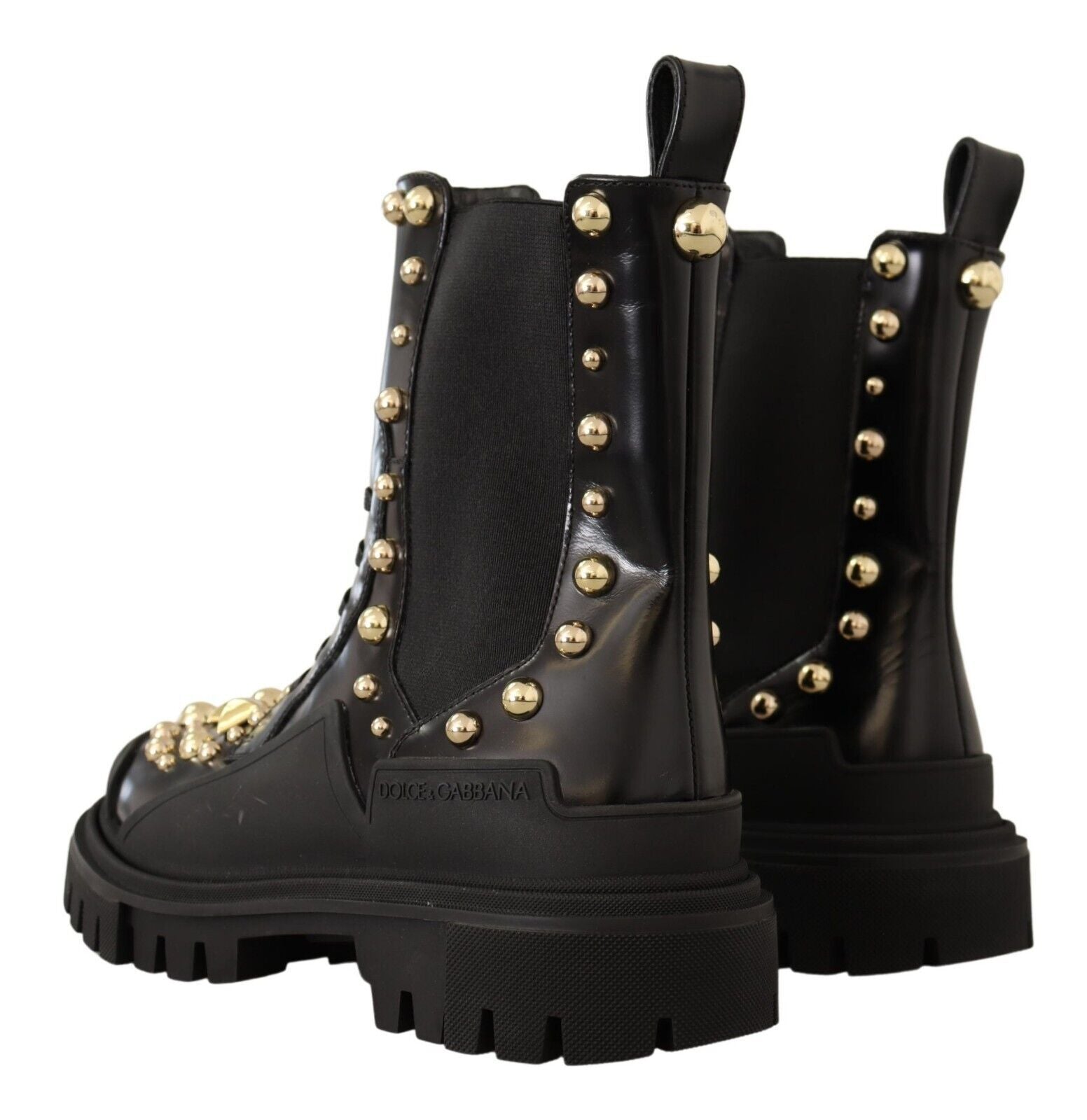 Dolce & Gabbana Black Leather Studded Combat Boots - Zeiniez