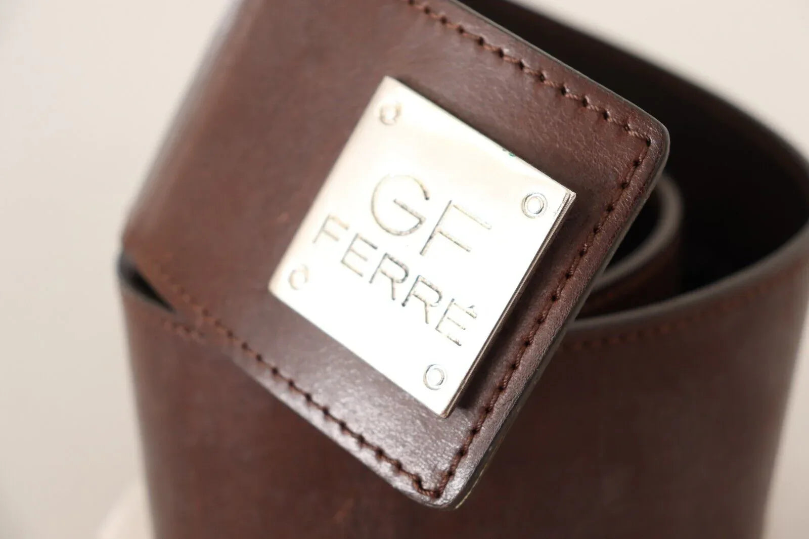 GF Ferre Brown Genuine Leather Wide Logo Buckle Waist Belt - Zeiniez