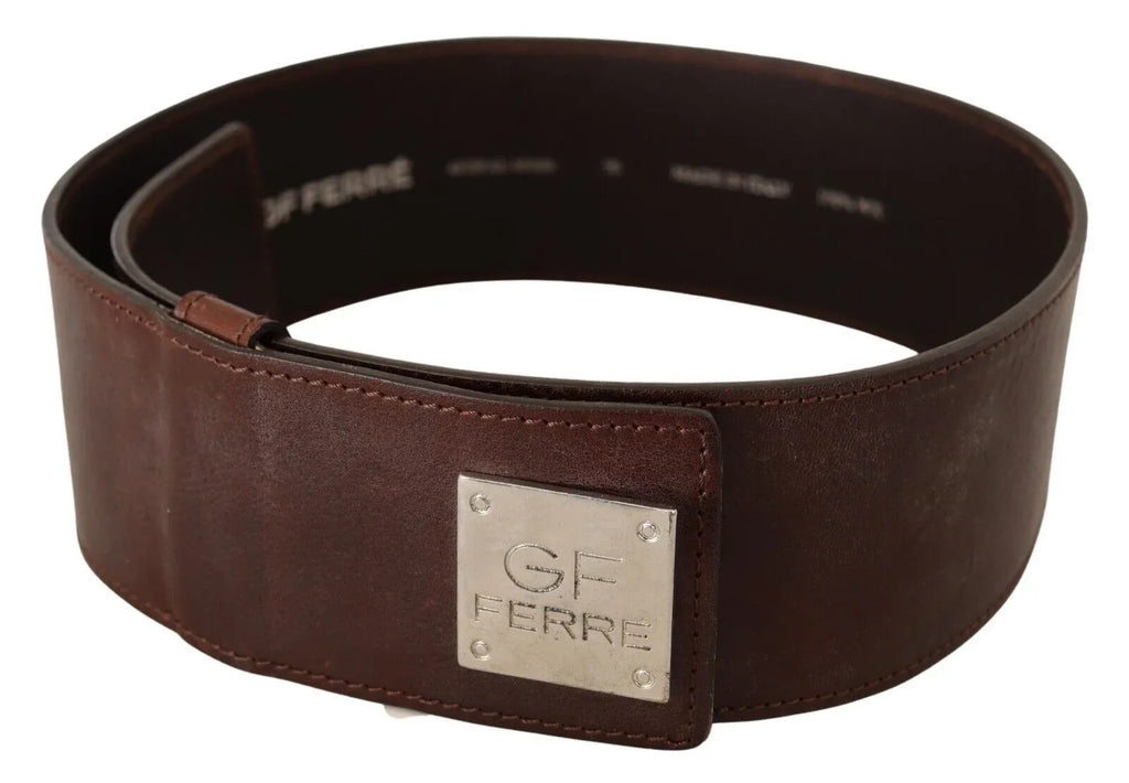 GF Ferre Brown Genuine Leather Wide Logo Buckle Waist Belt - Zeiniez