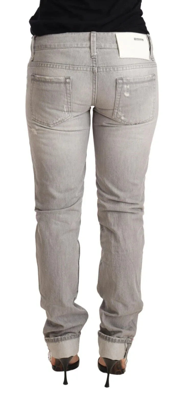Acht Gray Tattered Cotton Slim Fit Folded Hem Women Denim Jeans - Zeiniez