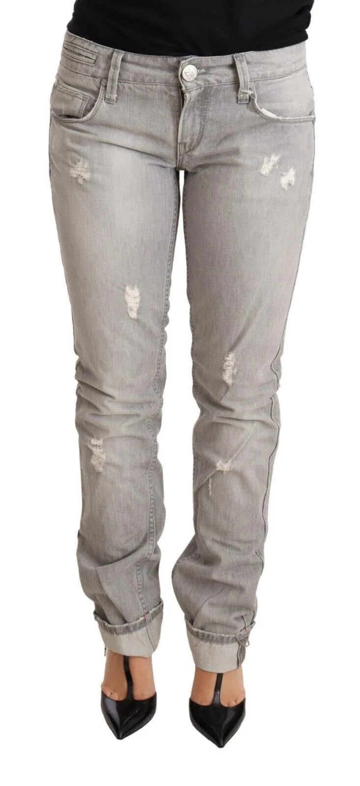 Acht Gray Tattered Cotton Slim Fit Folded Hem Women Denim Jeans - Zeiniez