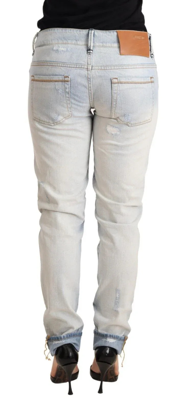 Acht Light Blue Distressed Cotton Folded Hem Denim Trouser Jeans - Zeiniez