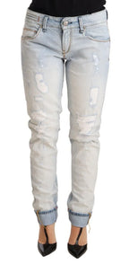 Acht Light Blue Distressed Cotton Folded Hem Denim Trouser Jeans - Zeiniez