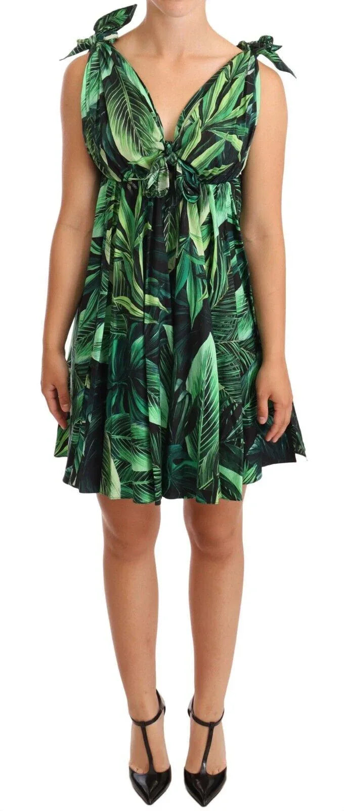 Dolce & Gabbana Green Leaves Print Cotton Flared Mini Dress - Zeiniez