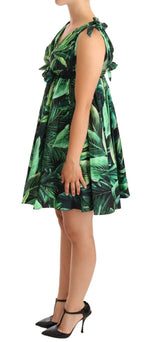 Dolce & Gabbana Green Leaves Print Cotton Flared Mini Dress - Zeiniez