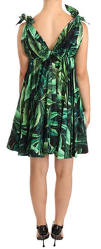 Dolce & Gabbana Green Leaves Print Cotton Flared Mini Dress - Zeiniez