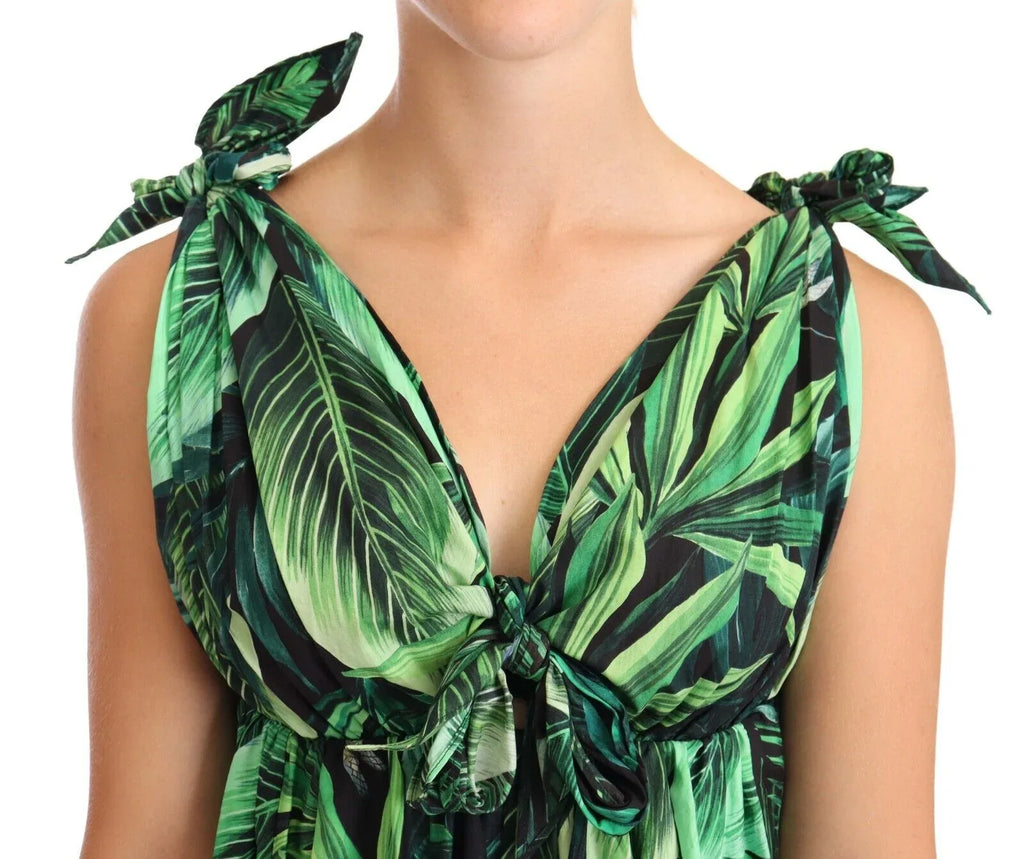 Dolce & Gabbana Green Leaves Print Cotton Flared Mini Dress - Zeiniez