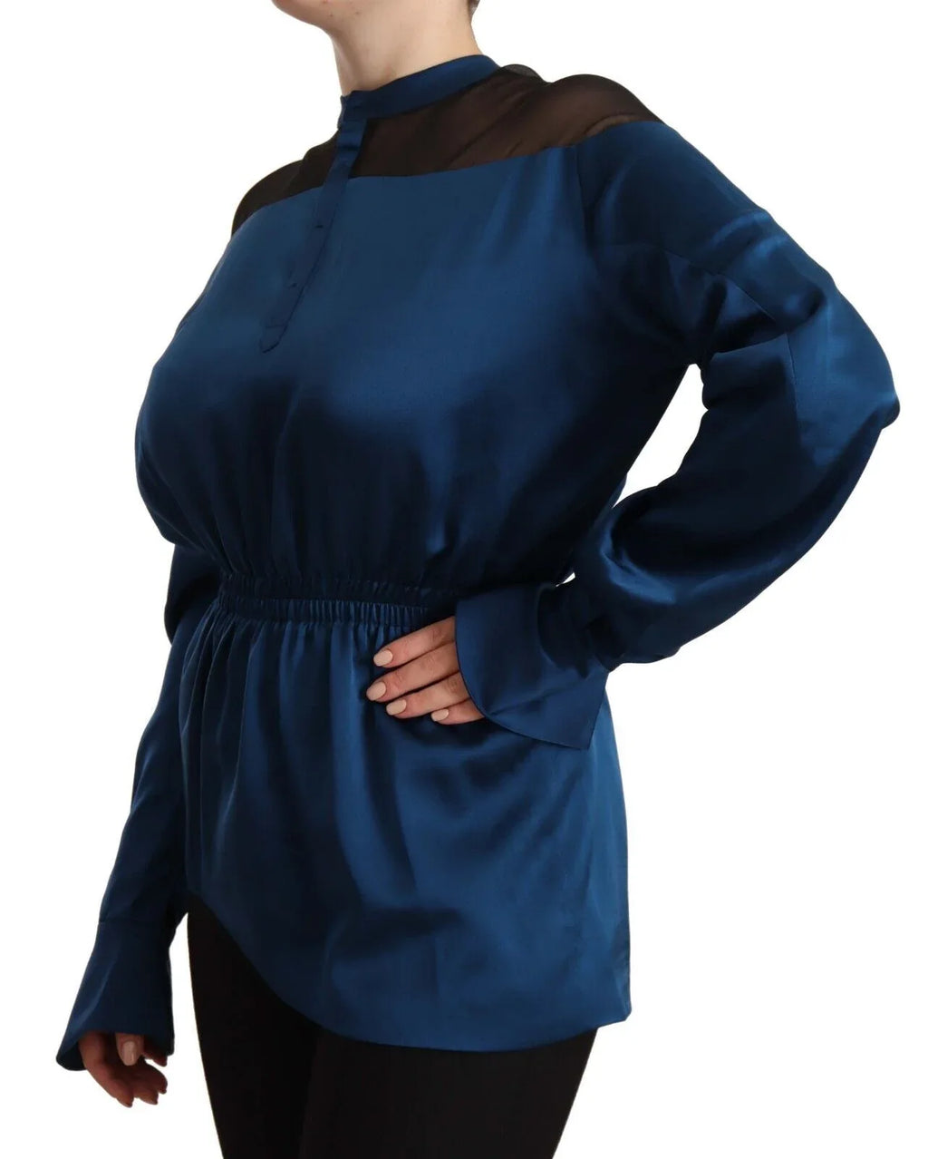 Masha Ma Blue Silk Long Sleeves Elastic Waist Top Blouse - Zeiniez