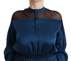 Masha Ma Blue Silk Long Sleeves Elastic Waist Top Blouse - Zeiniez
