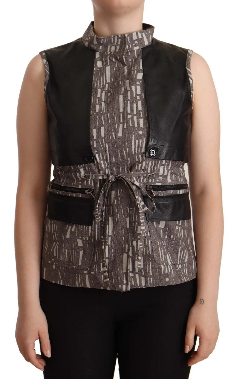 Comeforbreakfast Brown Black Vest Leather Sleeveless Top Blouse - Zeiniez