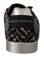 Dolce & Gabbana Silver Leather Brown Cotton Wool Sneakers Shoes - Zeiniez