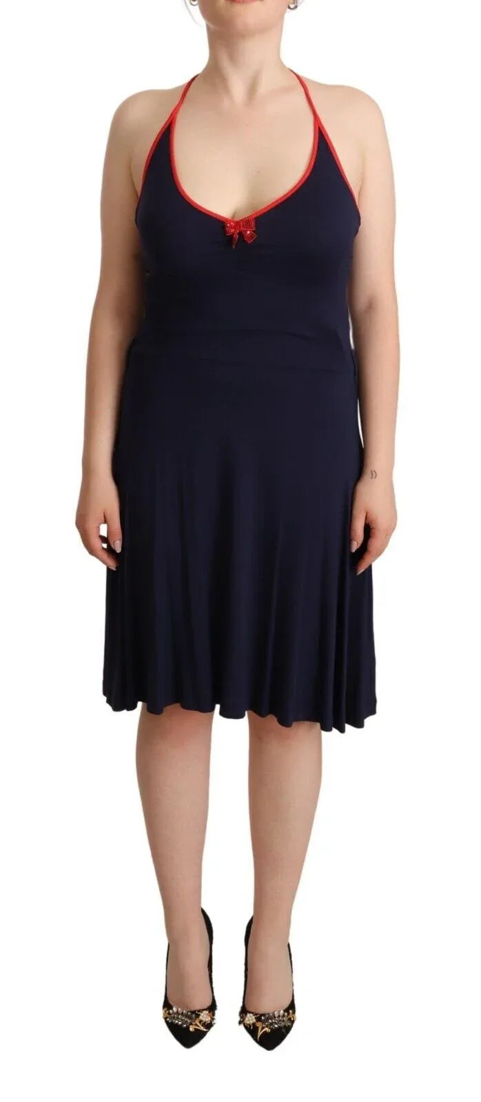 Roccobarocco Navy Blue Sleeveless Halter Sheath Midi Dress - Zeiniez