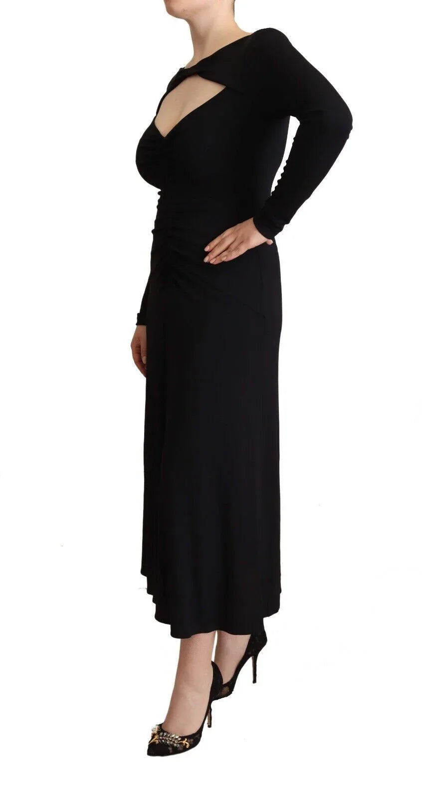 PINKO Black Nylon Stretch Long Sleeves Deep V-neck Maxi Dress - Zeiniez