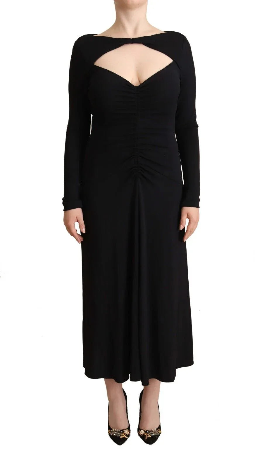 PINKO Black Nylon Stretch Long Sleeves Deep V-neck Maxi Dress - Zeiniez