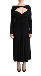 PINKO Black Nylon Stretch Long Sleeves Deep V-neck Maxi Dress - Zeiniez