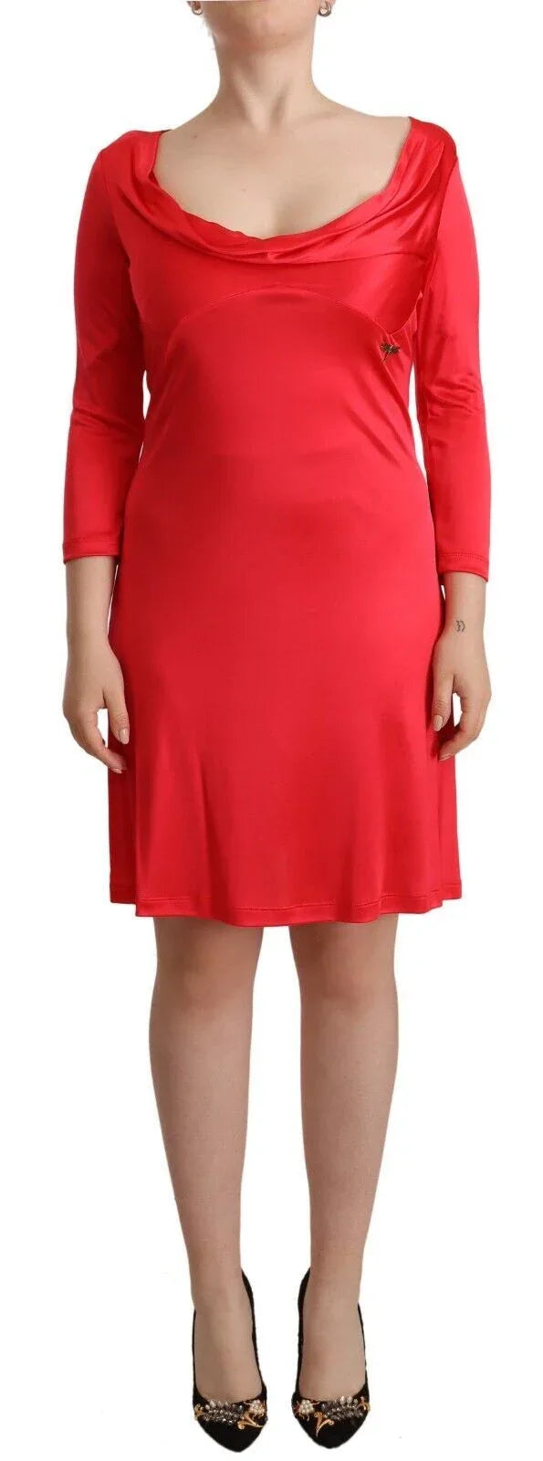 John Galliano Red Viscose 3/4 Sleeves Deep Round Neck Sheath Dress - Zeiniez