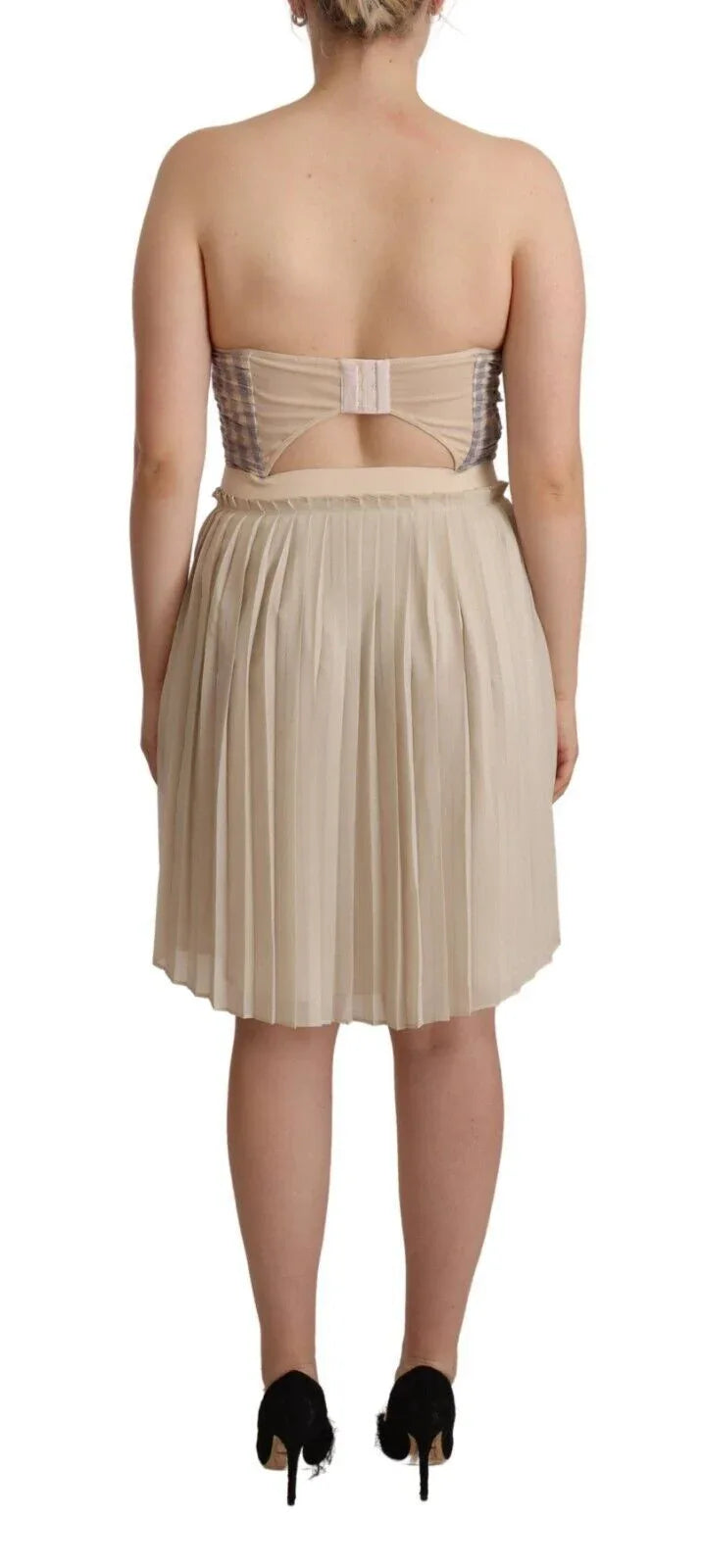 Guess Beige Checkered Pleated A-line Strapless Bustier Dress - Zeiniez