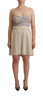 Guess Beige Checkered Pleated A-line Strapless Bustier Dress - Zeiniez