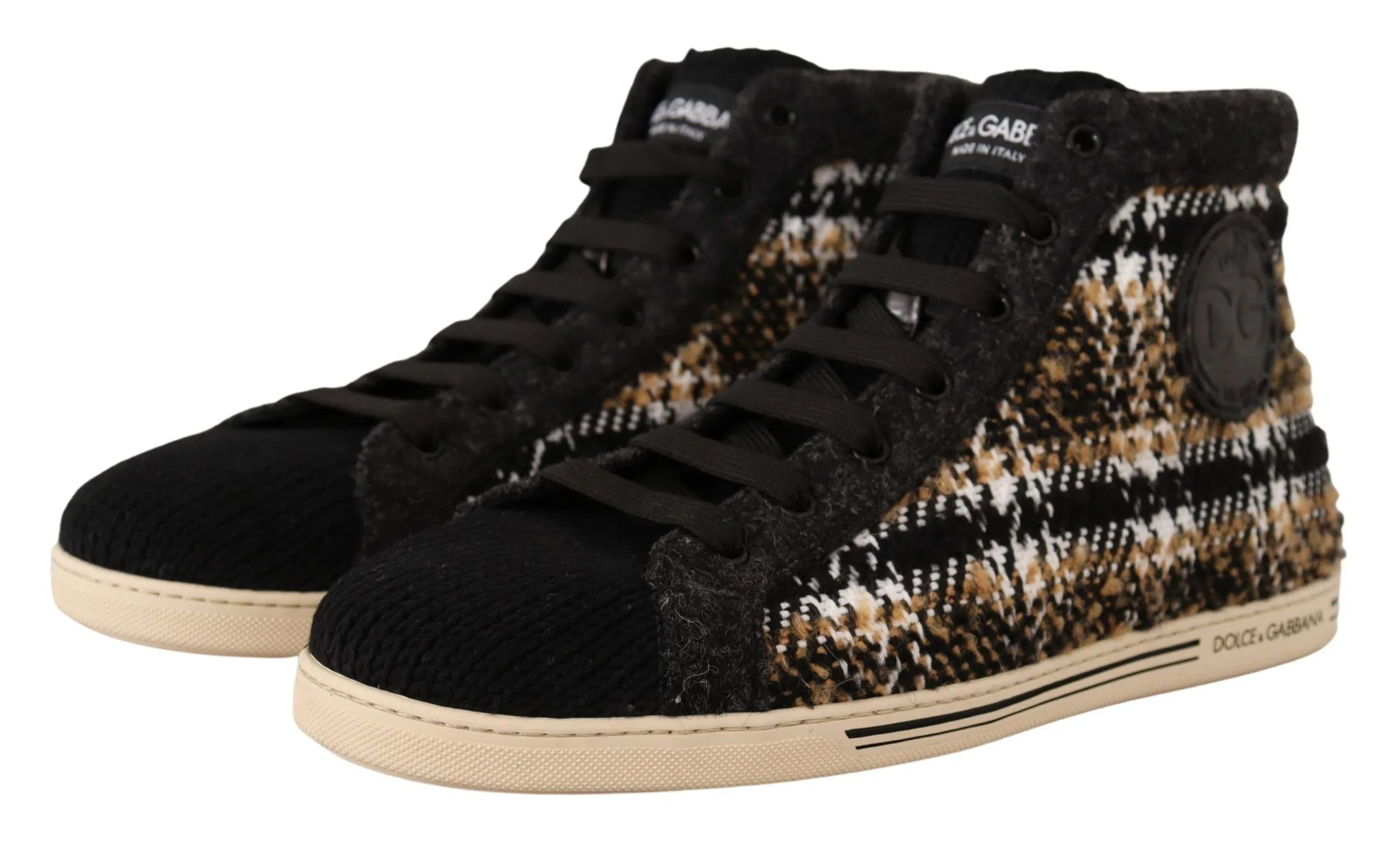 Dolce & Gabbana Beige Brown Wool Cotton High Top Sneakers - Zeiniez