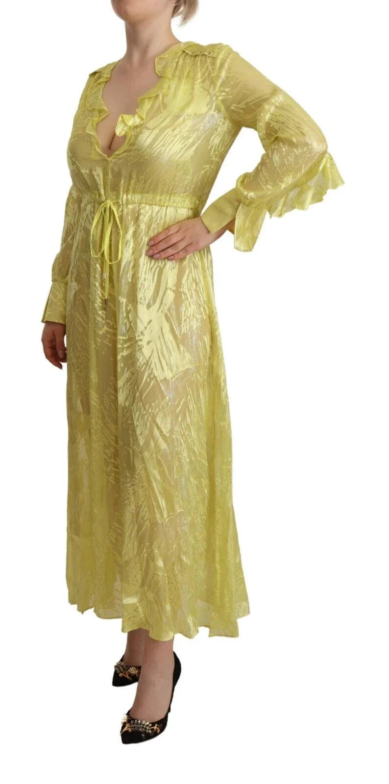 Patrizia Pepe Yellow Silk Long Sleeves Plunging Maxi Dress - Zeiniez