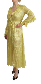Patrizia Pepe Yellow Silk Long Sleeves Plunging Maxi Dress - Zeiniez