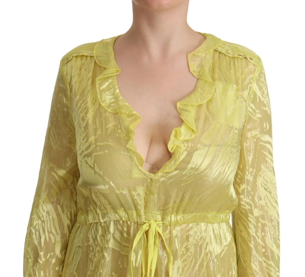 Patrizia Pepe Yellow Silk Long Sleeves Plunging Maxi Dress - Zeiniez