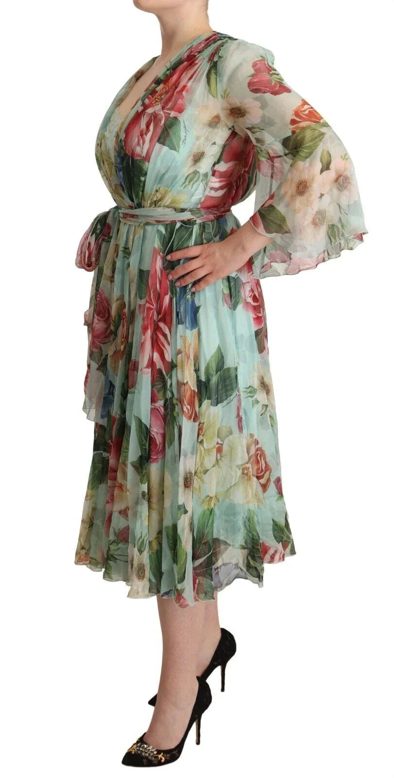 Dolce & Gabbana Green Floral Long Sleeves V-neck Midi Dress - Zeiniez