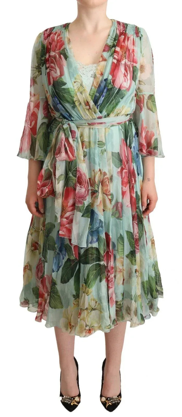 Dolce & Gabbana Green Floral Long Sleeves V-neck Midi Dress - Zeiniez