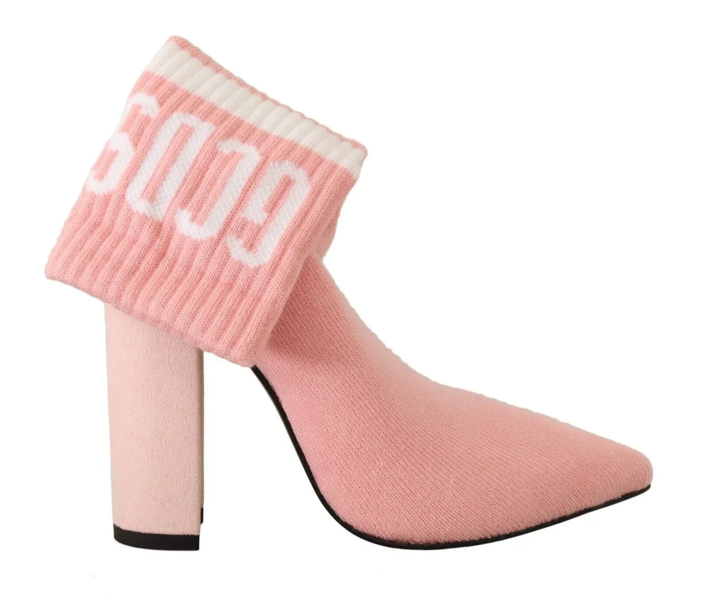 GCDS Pink Suede Logo Socks Block Heel Ankle Boots Shoes - Zeiniez