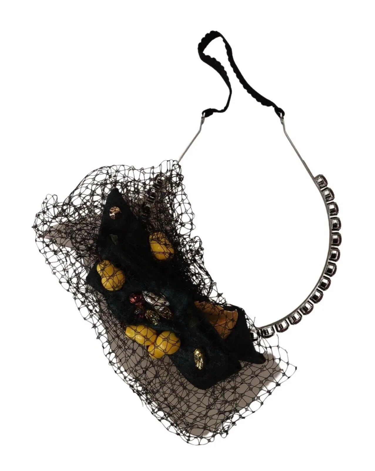 Dolce & Gabbana Silver Tiara Crystals Fruits Black Mesh Diadem Headband - Zeiniez